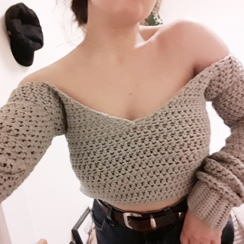 Knit off shoulder tan crop sweater